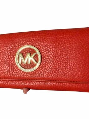Michael Kors Red Pebbled Leather Continental Wallet with Gold MK Emblem